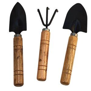 Miniature Gardening Tool Set With Wooden Handles & Metal Heads Set of 3, 6"long